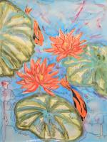Coral Water Lilies with Koi by Vanda McCormick