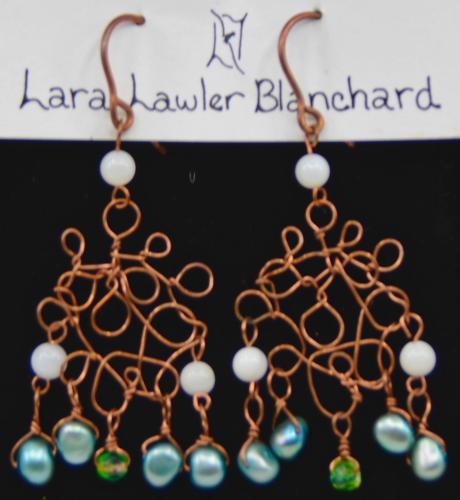 Pearls, Copper, Crystal & Mother of Pearl Earrings by Lara Blanchard