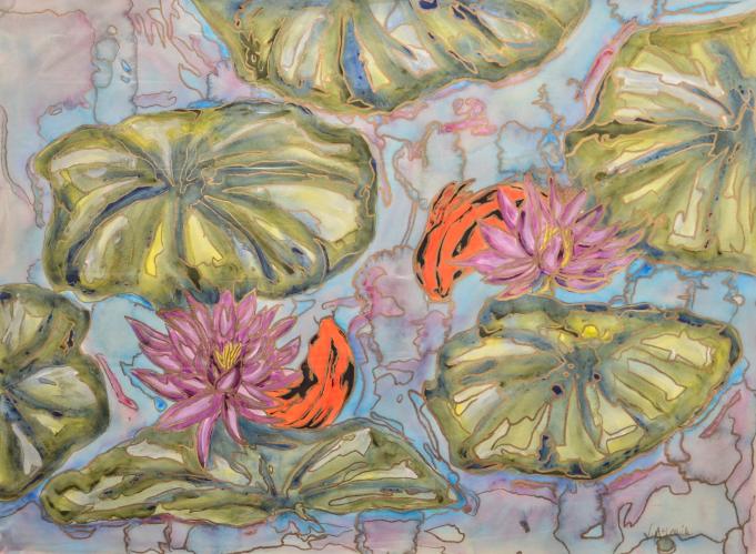 Purple Water Lilies with Koi by Vanda McCormick